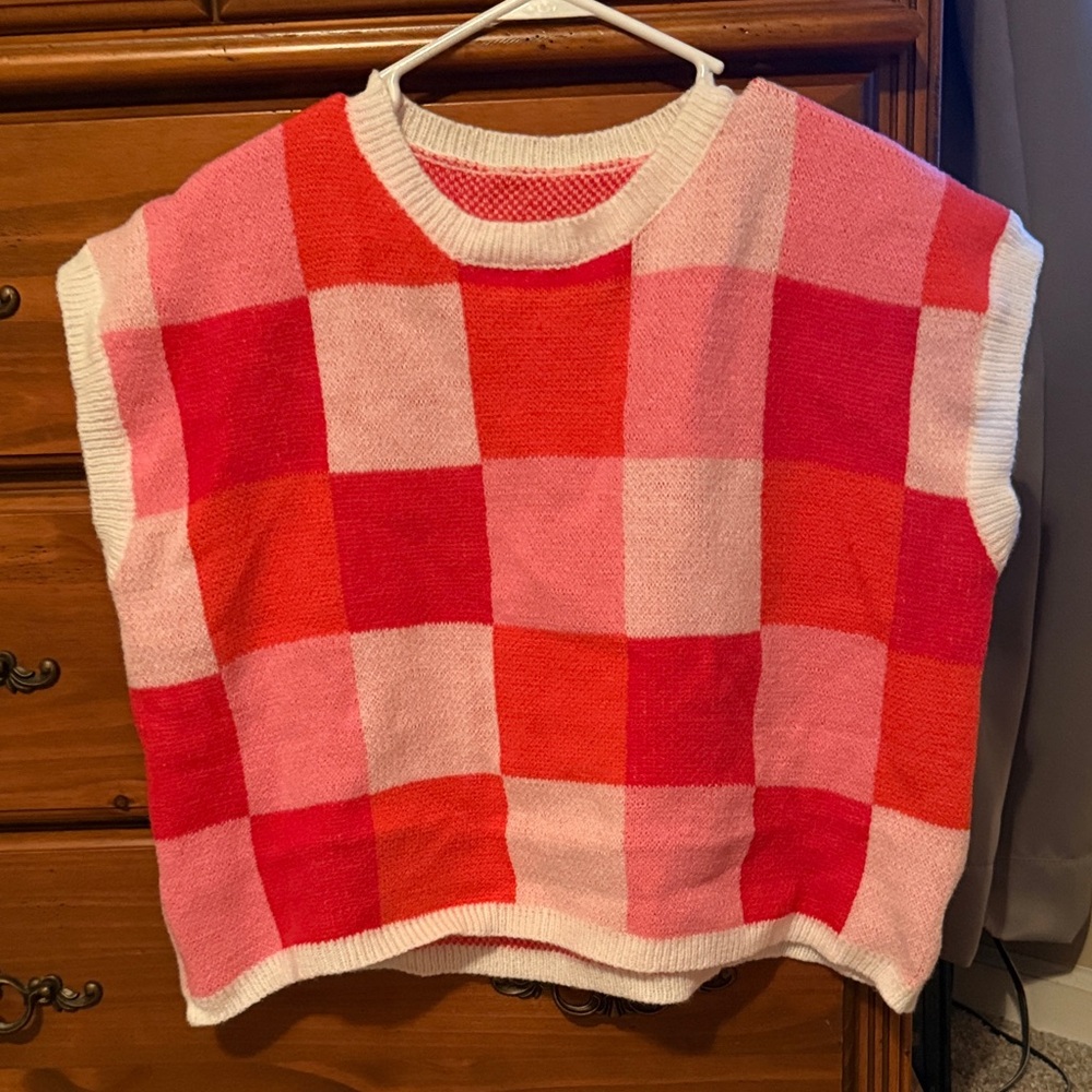 Red and Pink Checkered Sweater Vest